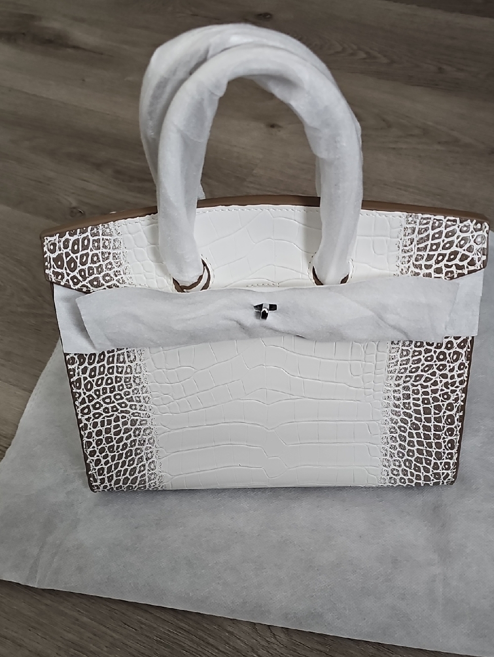 White Croc-Embossed Structured Tote Bag